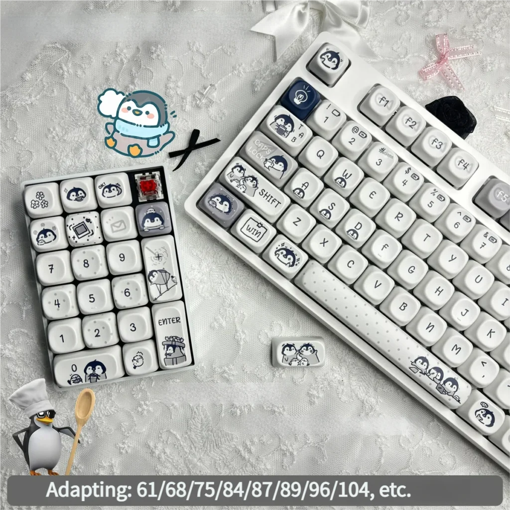Close-up of Working Penguin keycaps highlighting detailed cartoon penguin illustrations and crisp dye-sublimation